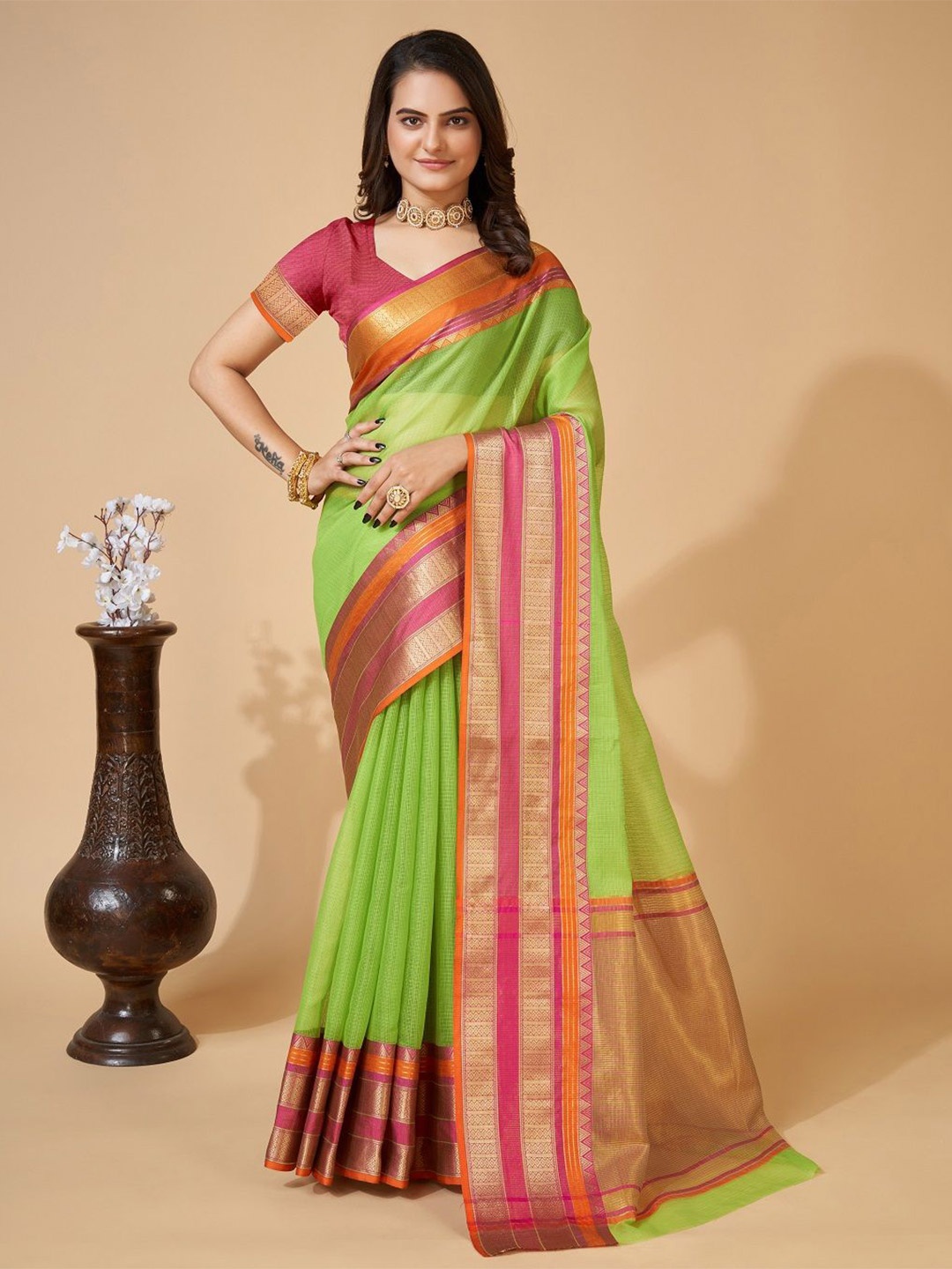 

Iris Woven Design Zari Kota Saree, Fluorescent green