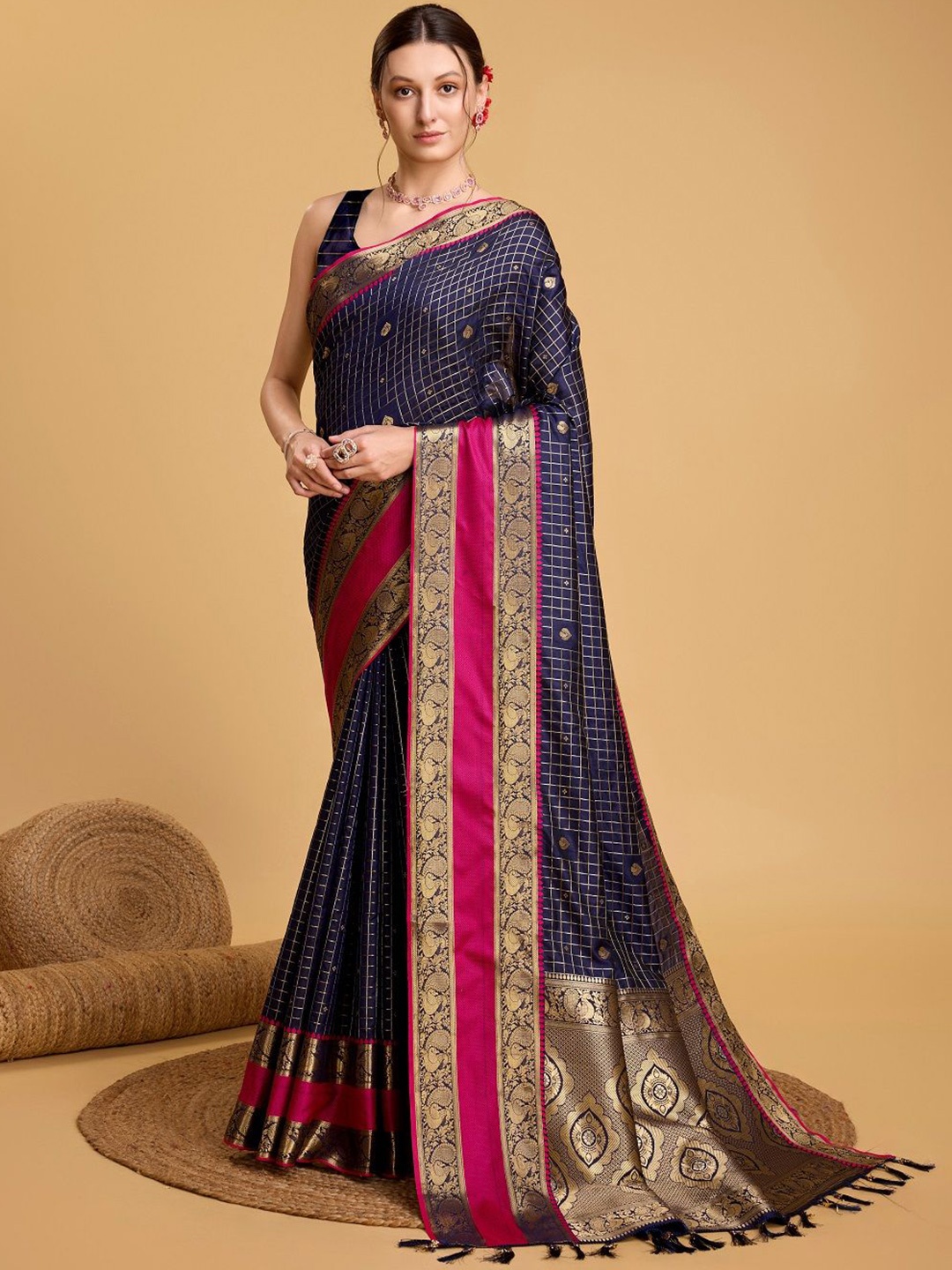 

Iris Checked Zari Banarasi Saree, Navy blue