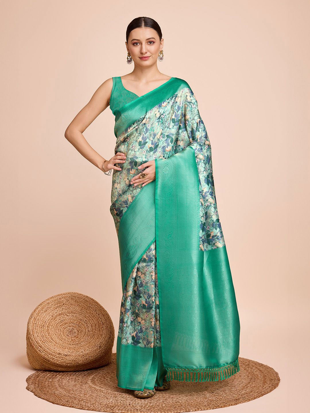 

Iris Floral Zari Pure Silk Saree, Sea green