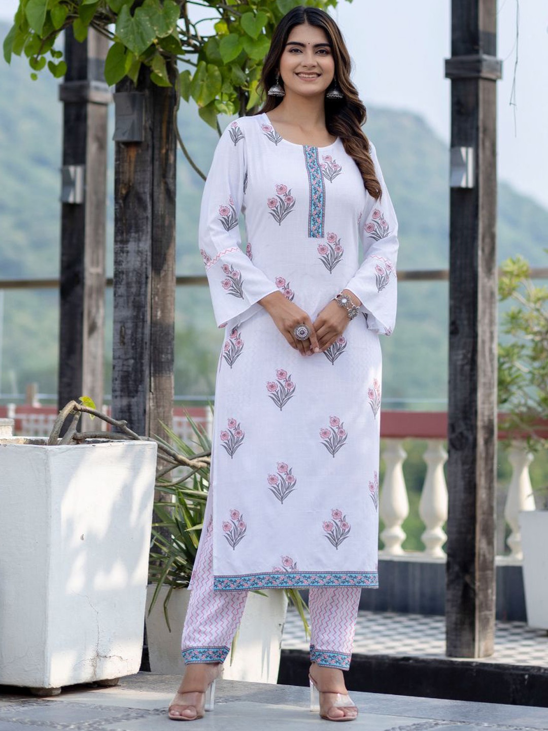 

KALINI Floral Printed Straight Kurta with Trousers & Dupatta, White