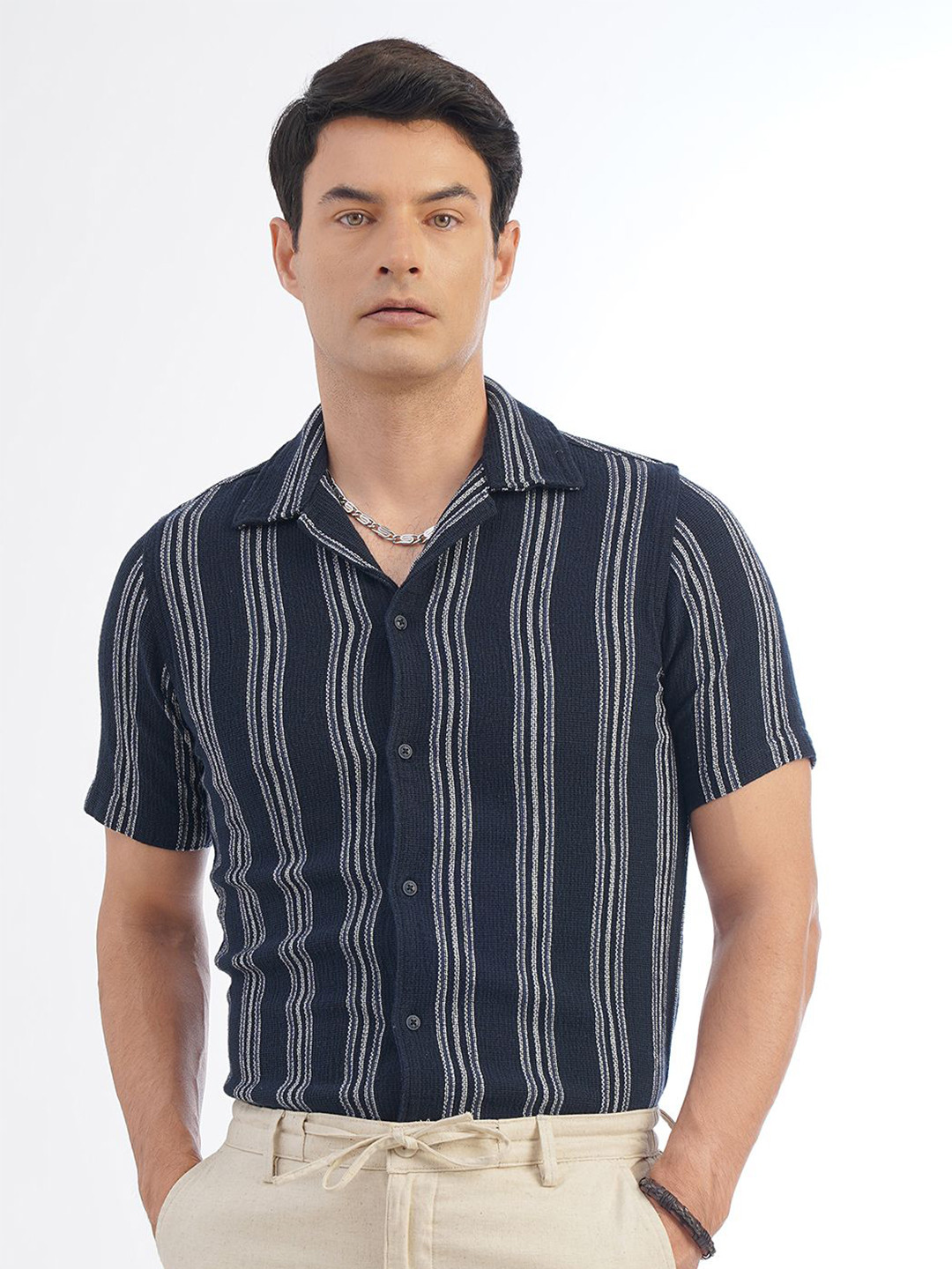 

JADE BLUE Men Striped Slim Fit Cotton Half Sleeve Casual Shirt, Navy blue