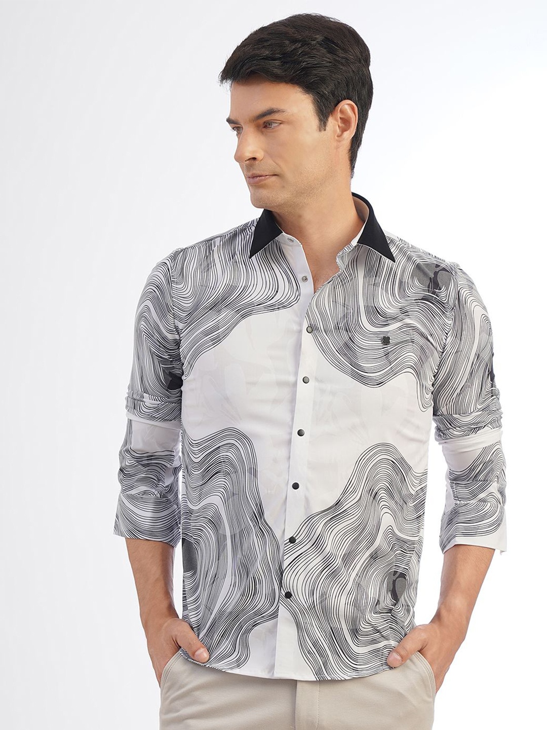 

JB STUDIO Men Slim Fit Opaque Printed Ready to Wear Casual Shirt, White