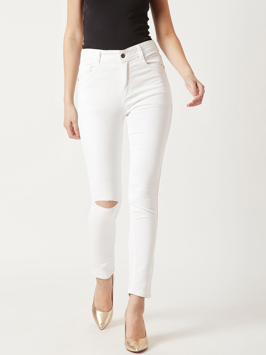 

Miss Chase Smiling Bright Women Skinny Fit High-Rise Slash Knee Stretchable Jeans, White