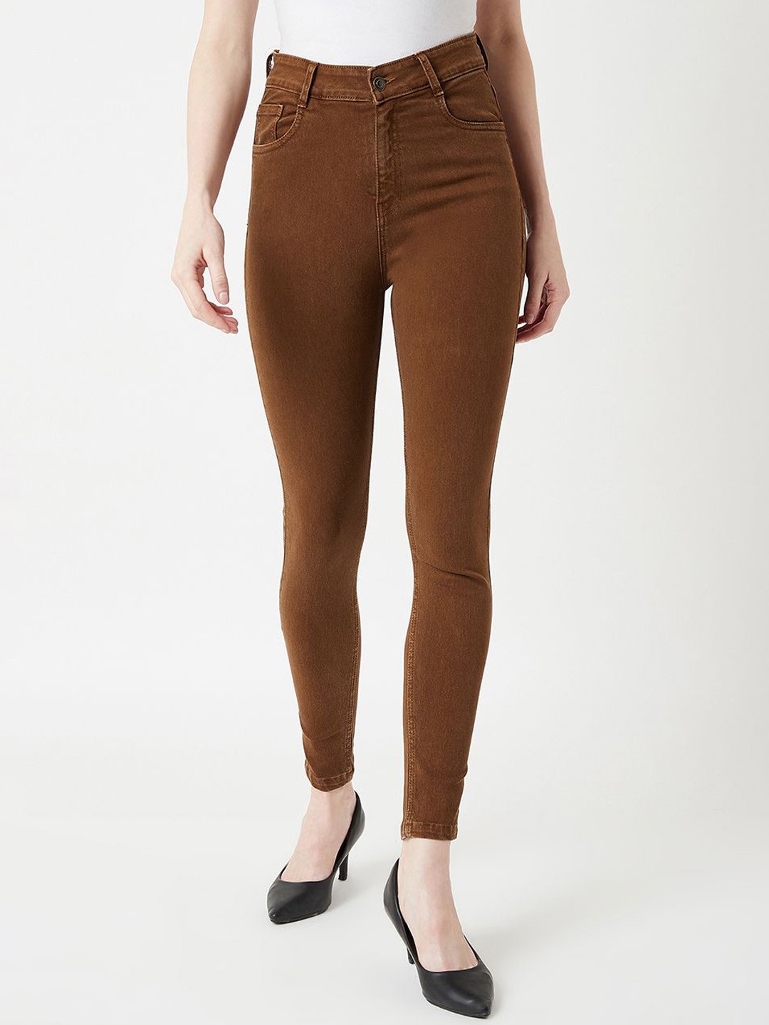 

Miss Chase Below Ranges Women Skinny Fit High-Rise Stretchable Denim Jeans, Brown