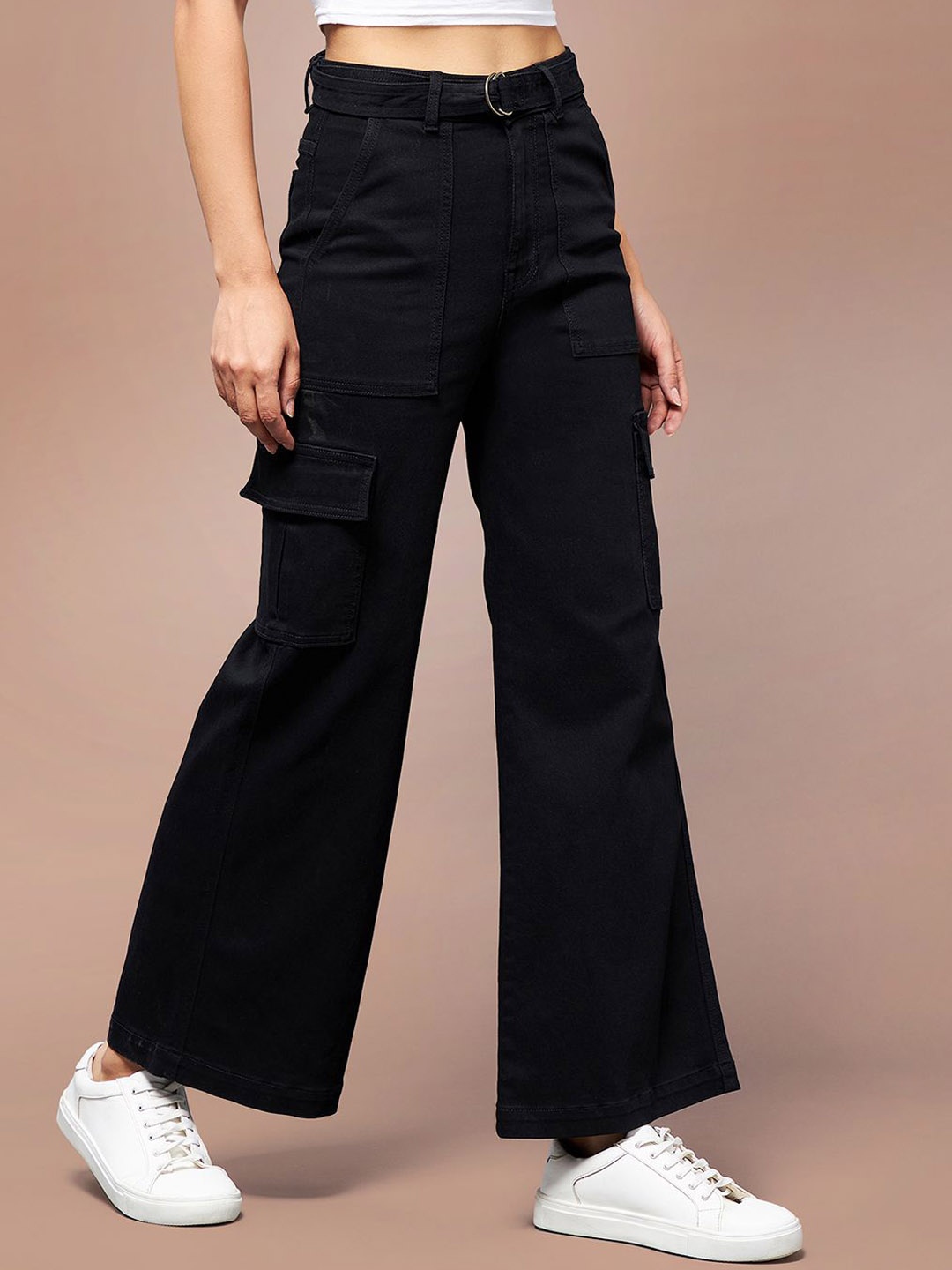 

Miss Chase Night Fright Women Wide Leg High-Rise Clean Look Stretchable Cargo Jeans, Black