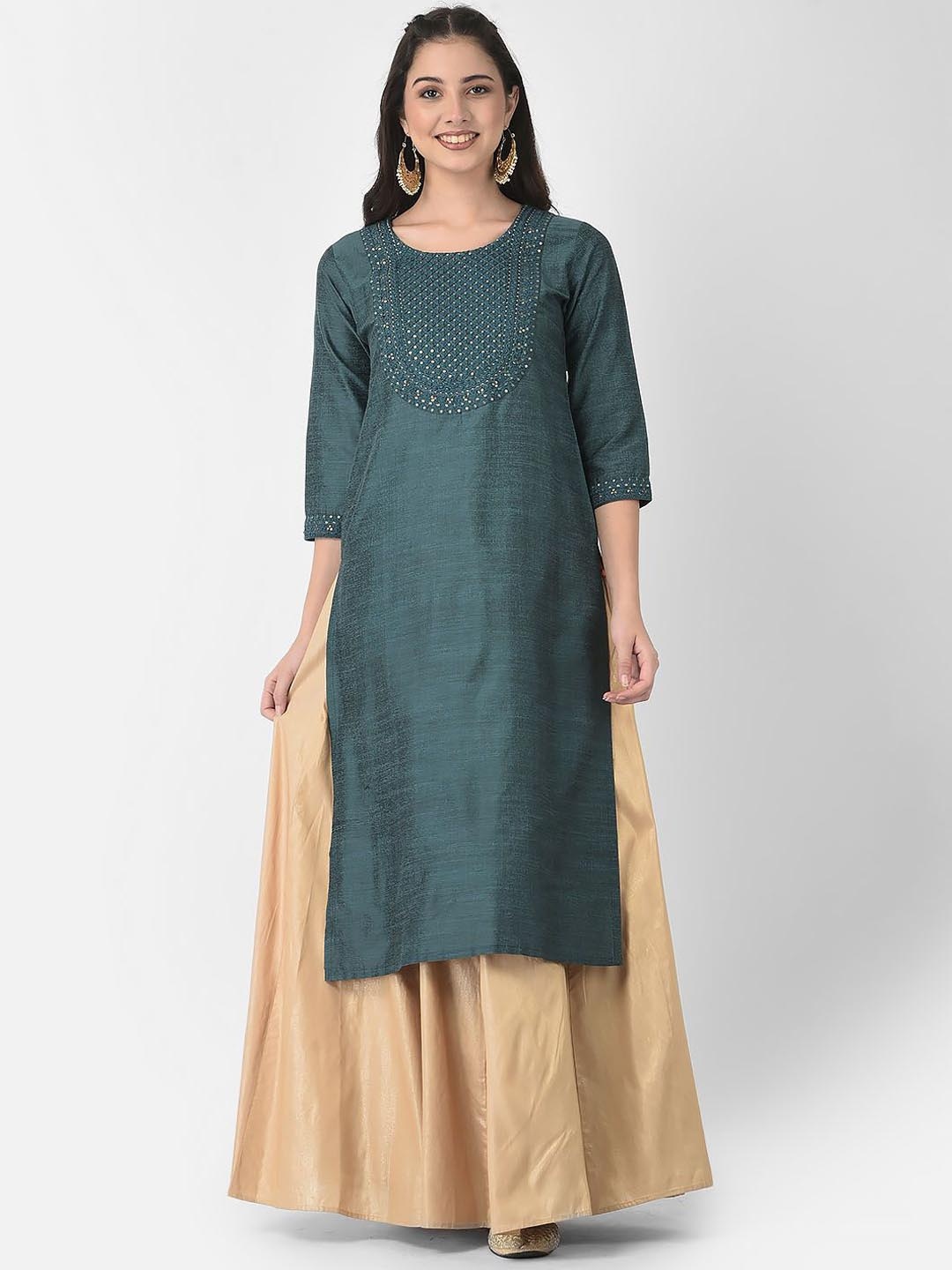 Span Sequins Yoke Design Silk Straight Kurta, Green
