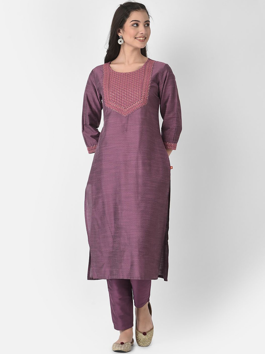 

Span Sequins Yoke Design Silk Straight Kurta, Purple