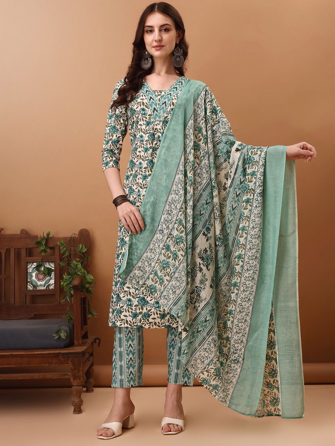 

KALINI Floral Printed Straight Kurta with Trousers & Dupatta, Blue
