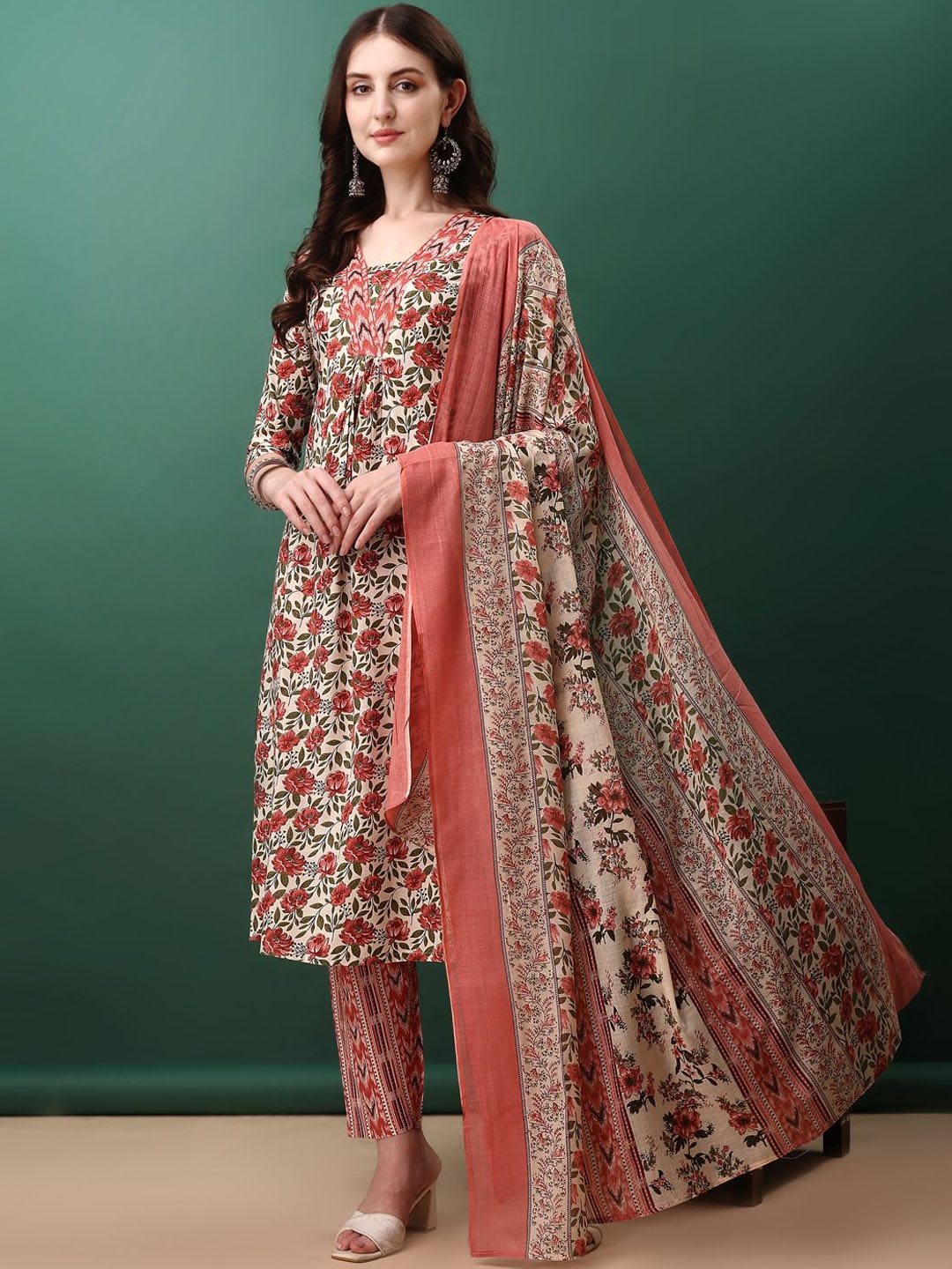 

KALINI Floral Printed V-Neck Straight Kurta With Trousers & Dupatta, Pink