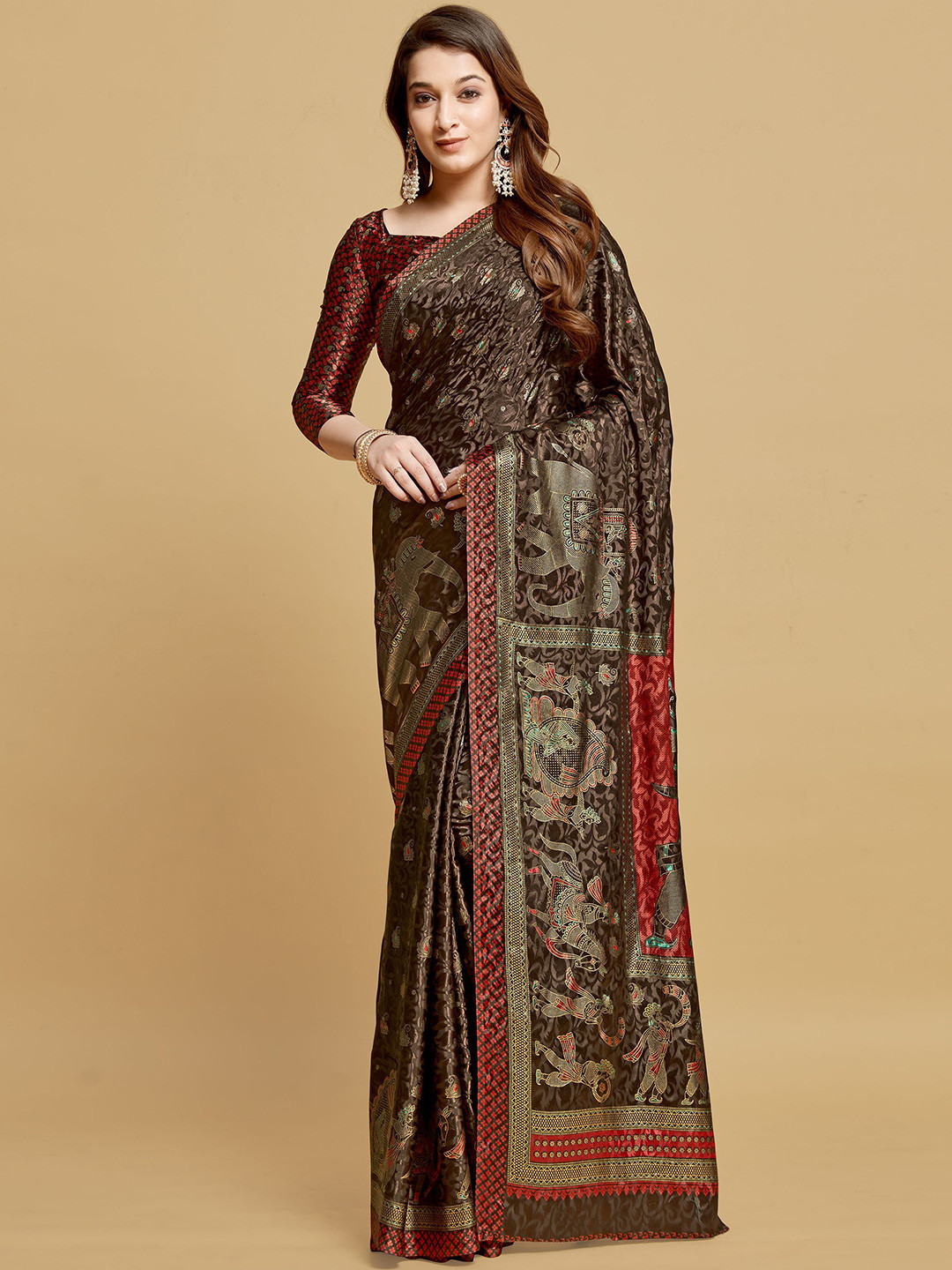 

HEER FASHION Woven Design Zari Silk Blend Kanjeevaram Saree, Brown