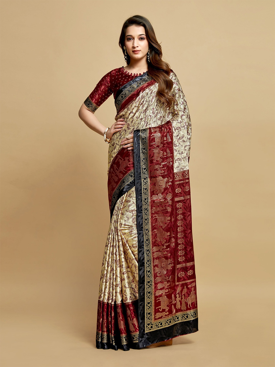 

HEER FASHION Woven Design Zari Silk Blend Kanjeevaram Saree, Maroon