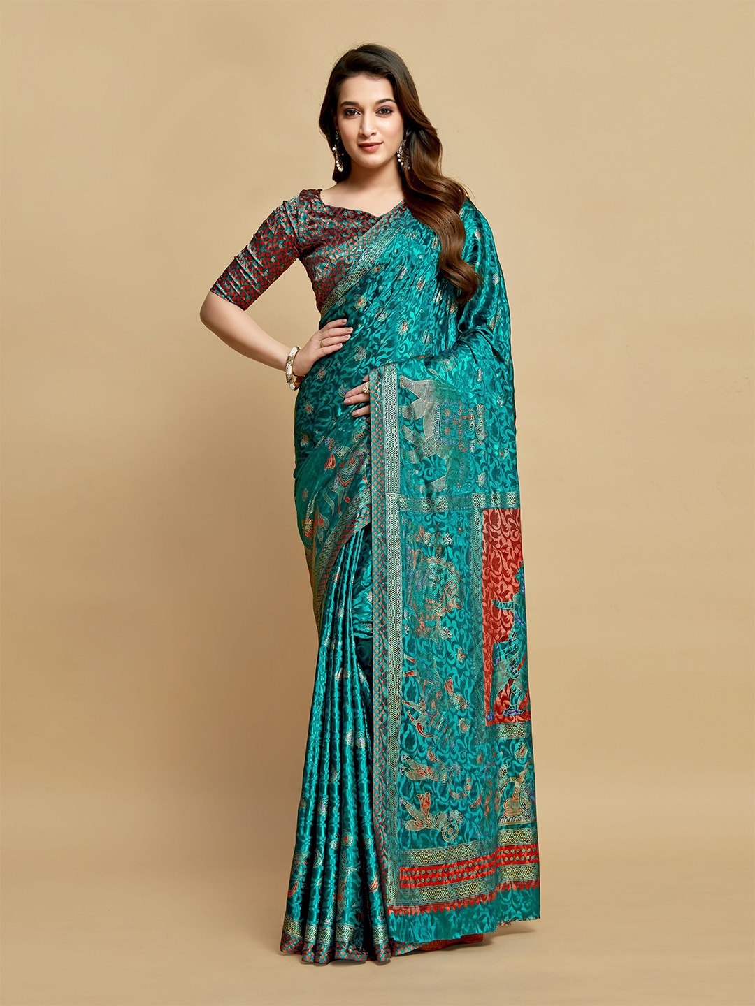 

HEER FASHION Woven Design Zari Silk Blend Kanjeevaram Saree, Teal