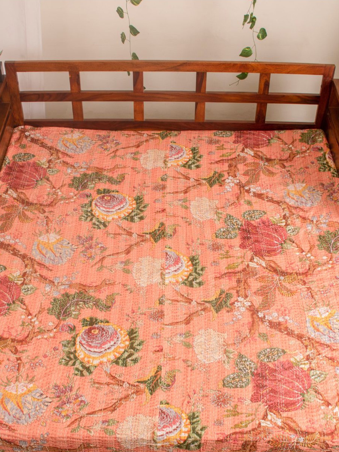 

The Curio Street Peach & Green Coloured Floral 300 TC Queen Kantha Bedsheet