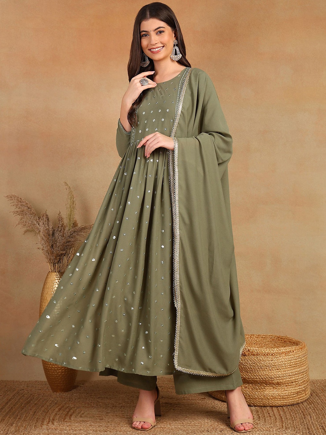 

AHIKA Floral Embroidered Sequinned Georgette Anarkali Kurta With Palazzos & Dupatta, Olive