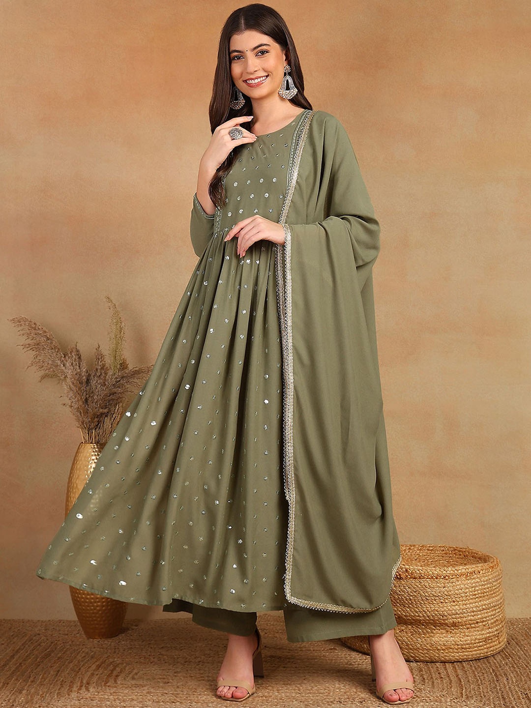 

KALINI Embroidered Pleated Sequinned Kurta with Palazzos & With Dupatta, Olive