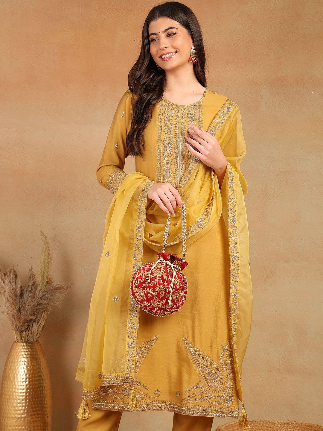 

KALINI Embroidered Regular Kurta with Trousers & With Dupatta, Gold