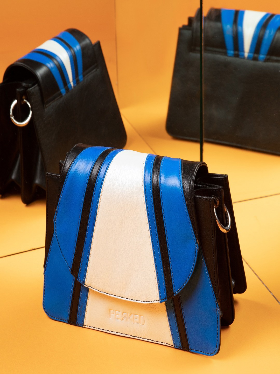

PERKED PASSIONFRUIT Colourblocked Leather Structured Sling Bag, White
