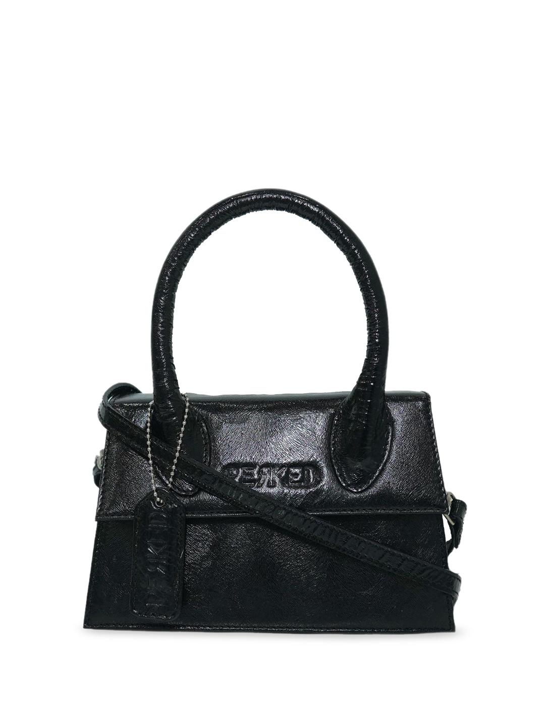 

PERKED Leather Structured Sling Bag with Tasselled, Black