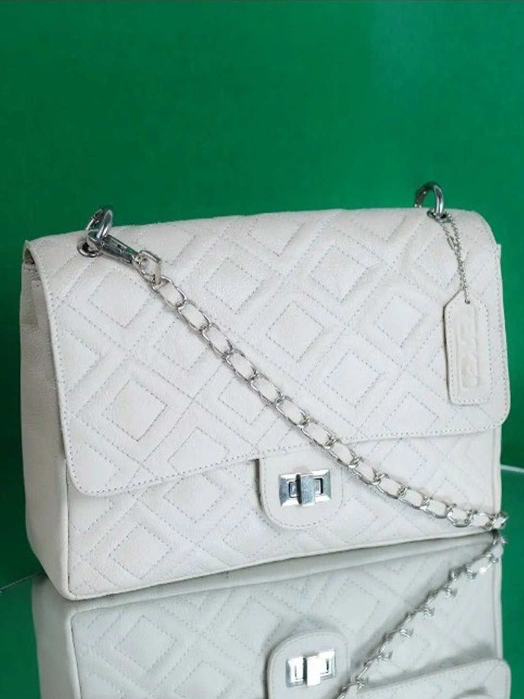

PERKED Textured Leather Structured Sling Bag with Quilted, Beige