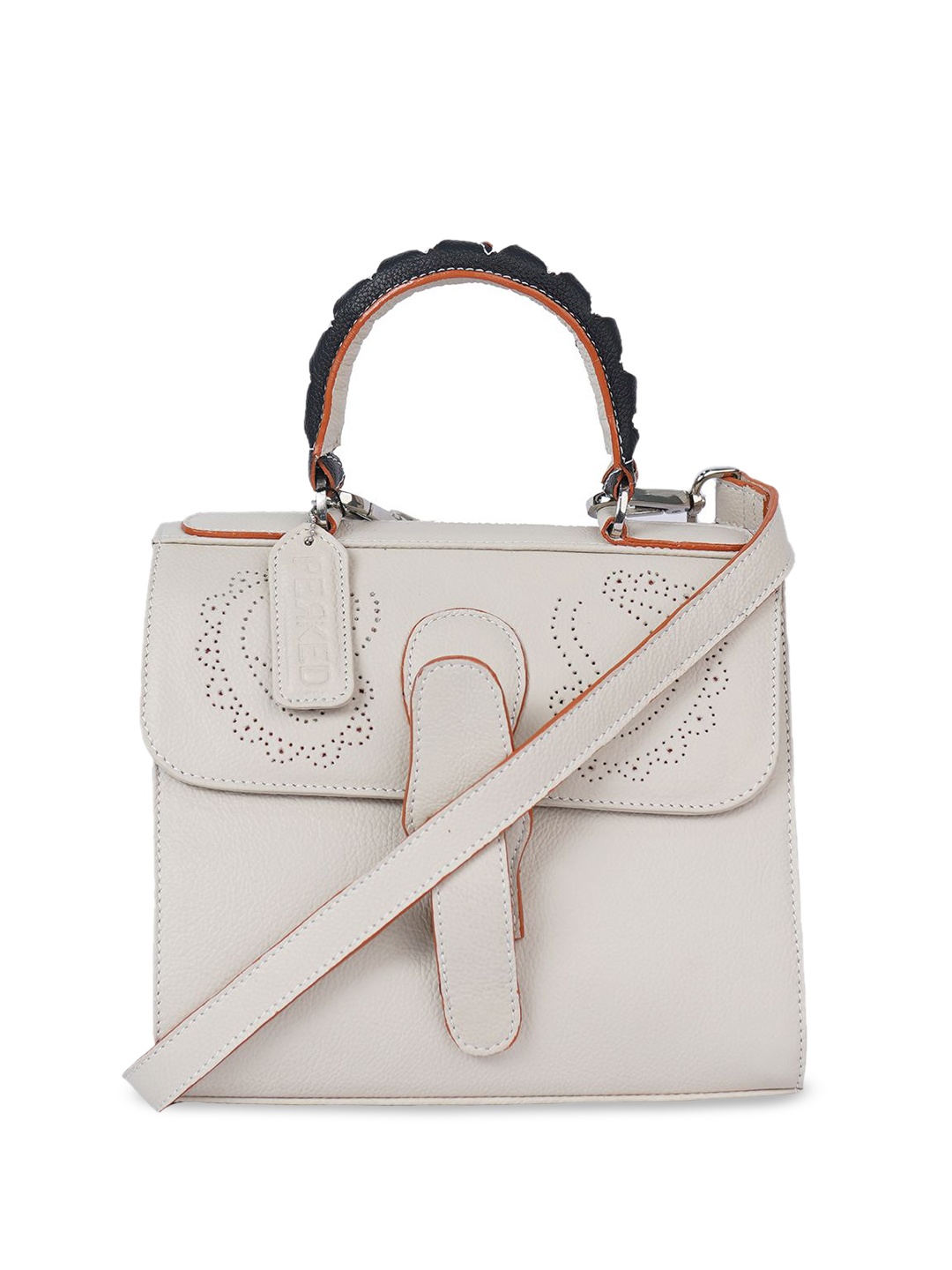 

PERKED Leather Swagger Satchel with Cut Work, Beige