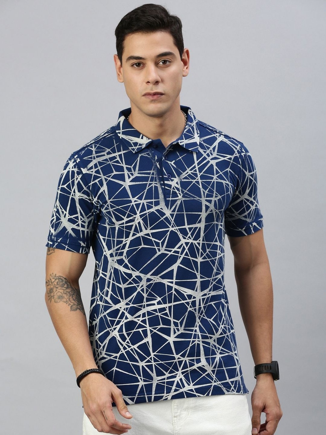 

Huetrap Men Abstract Printed Polo Collar T-shirt, Navy blue