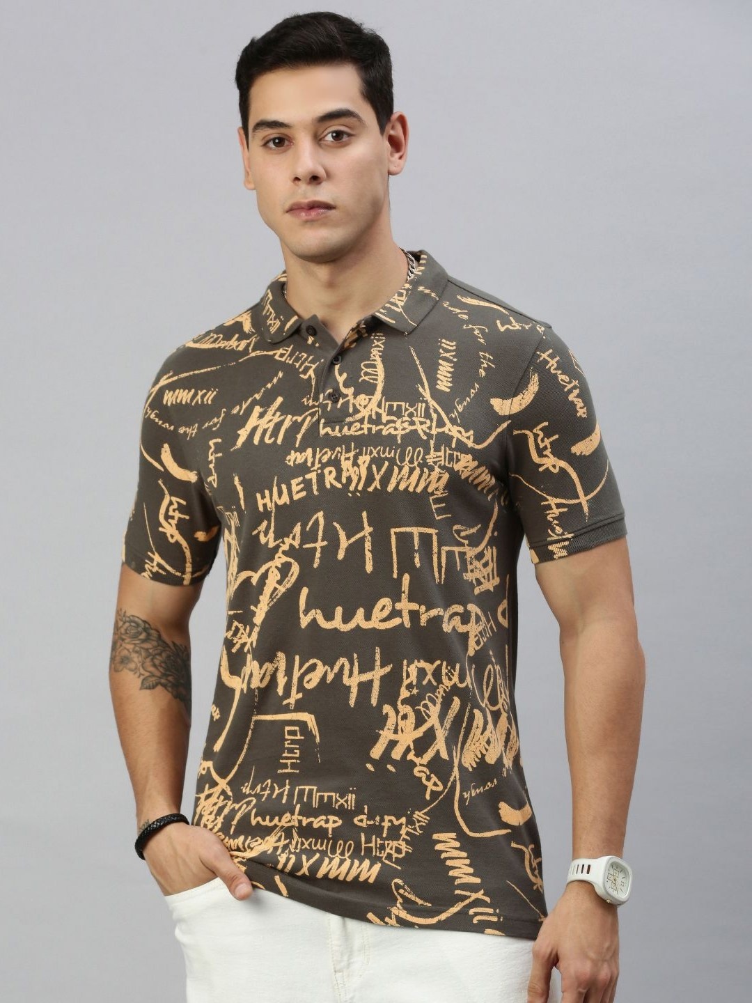 

Huetrap Men Typography Printed Polo Collar T-shirt, Brown