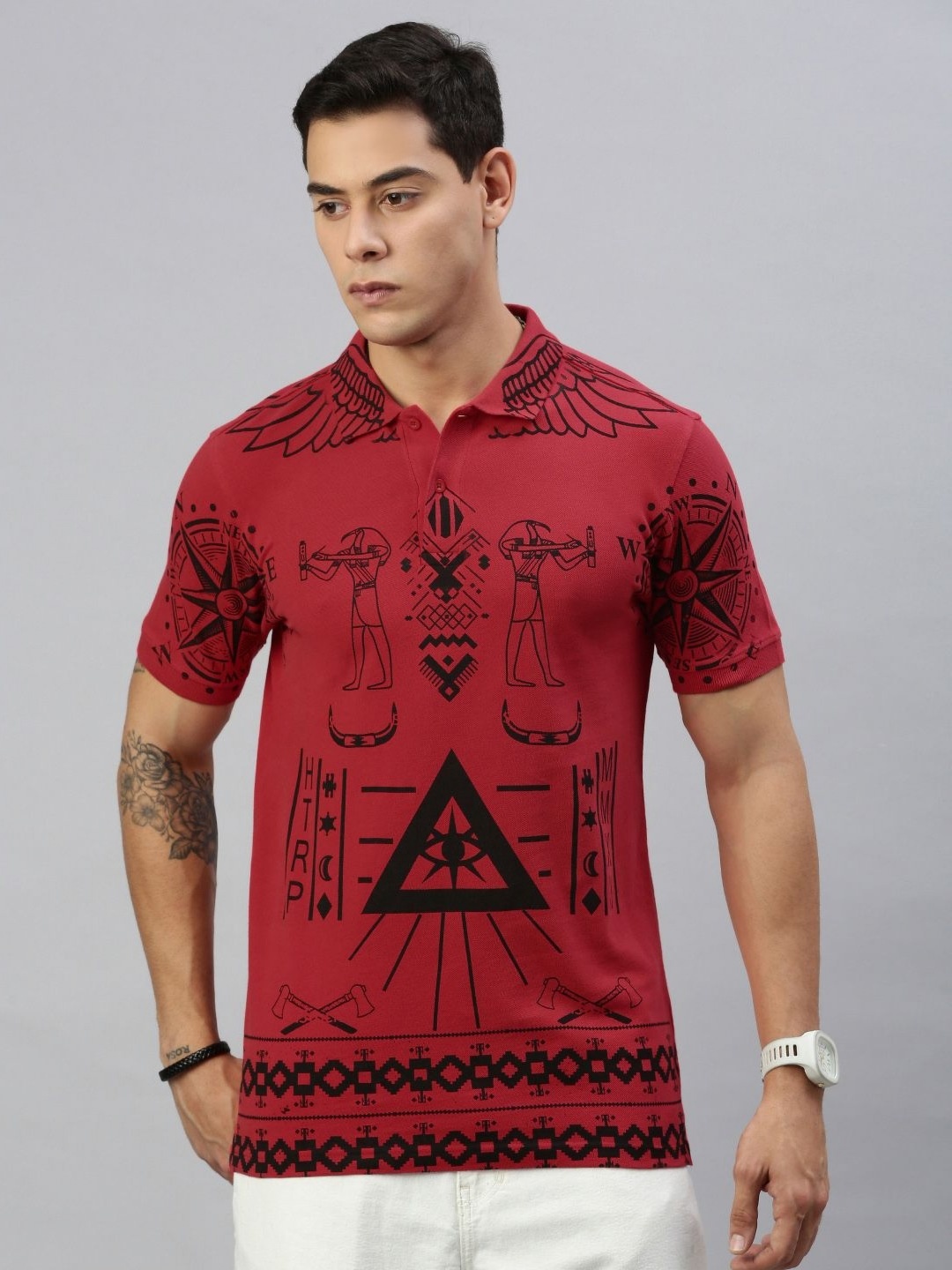 

Huetrap Men Conversational Printed Polo Collar T-shirt, Red