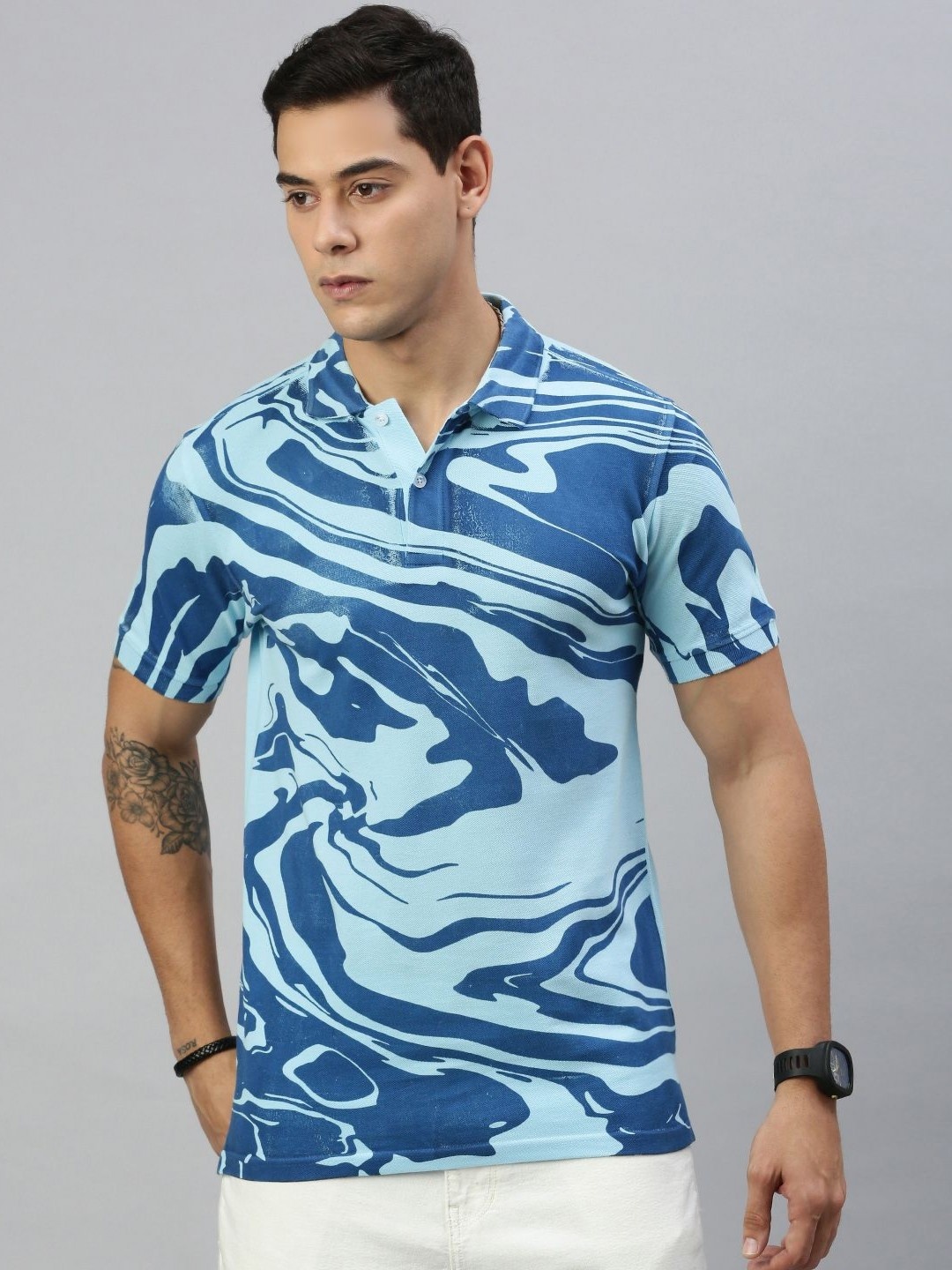 

Huetrap Men Abstract Printed Polo Collar T-shirt, Blue