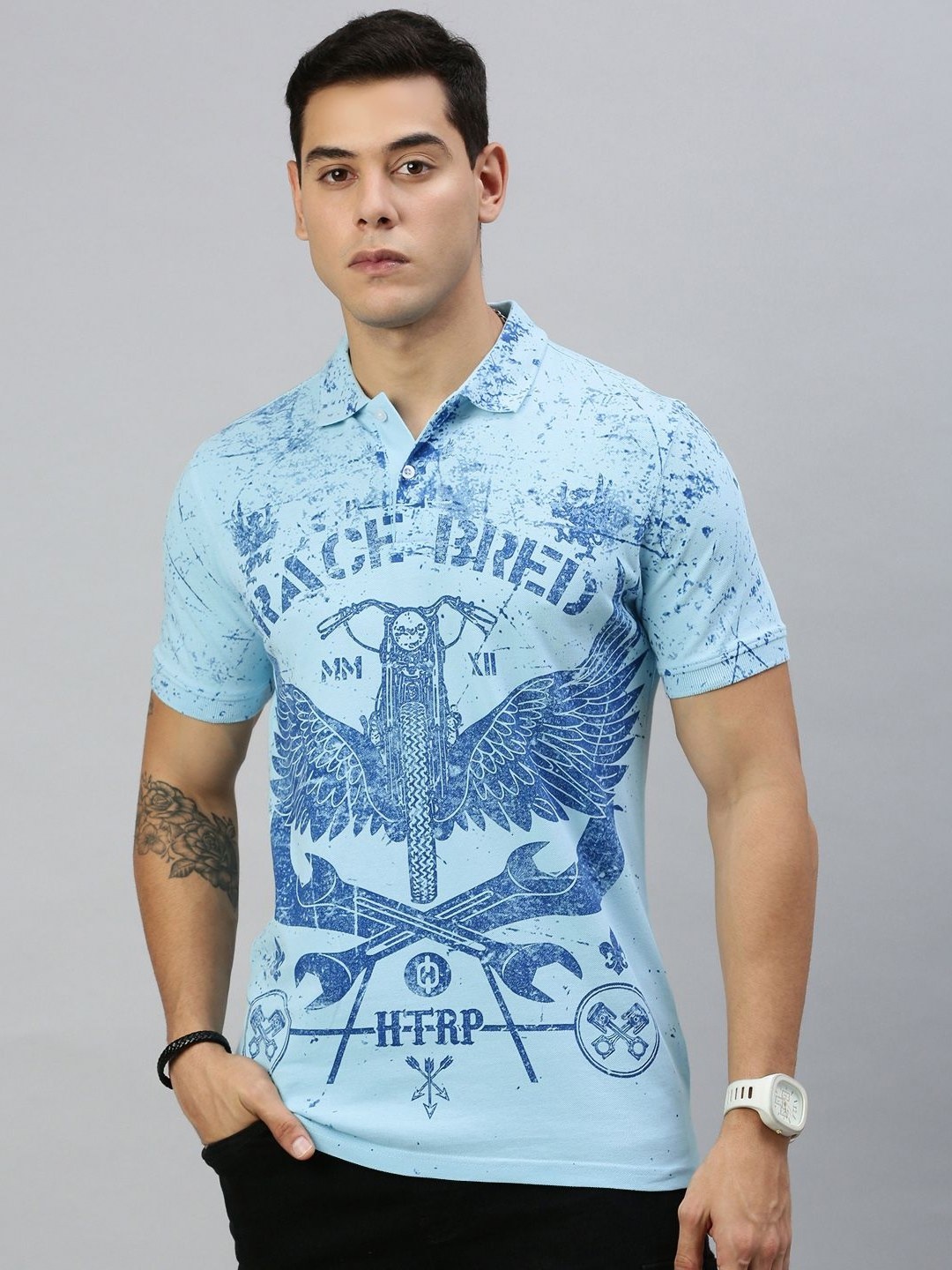 

Huetrap Men Graphic Printed Polo Collar T-shirt, Blue