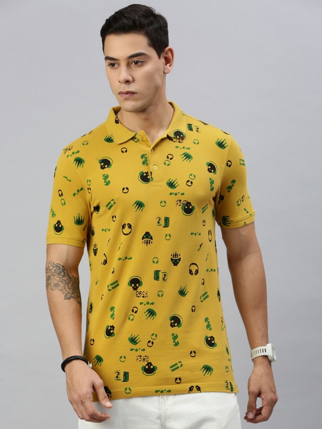 

Huetrap Men Conversational Printed Polo Collar T-shirt, Yellow