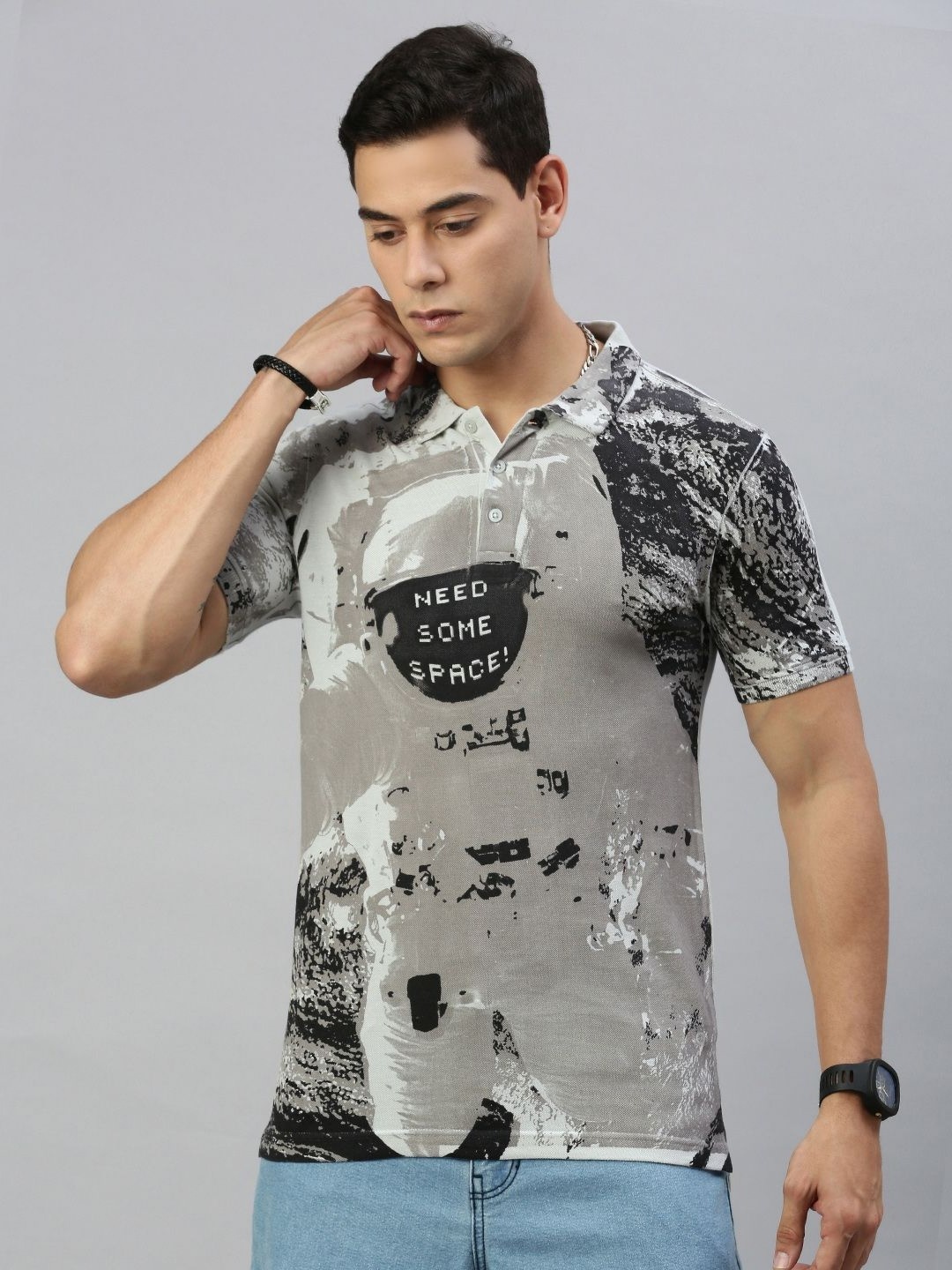 

Huetrap Men Graphic Printed Polo Collar T-shirt, Grey