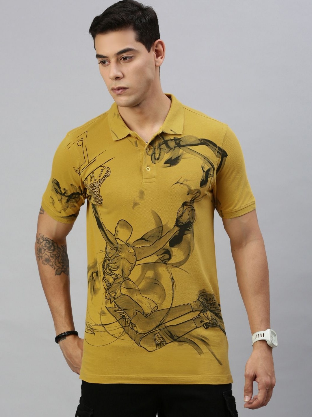 

Huetrap Men Abstract Printed Polo Collar Pure Cotton T-shirt, Yellow