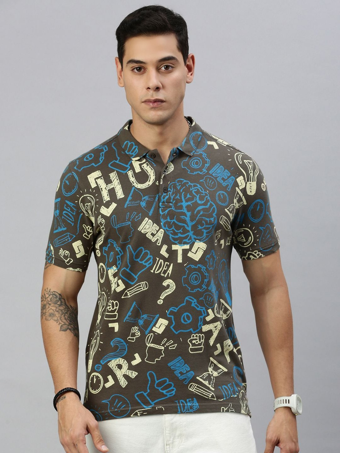 

Huetrap Men Geometric Printed Polo Collar Pure Cotton T-shirt, Brown