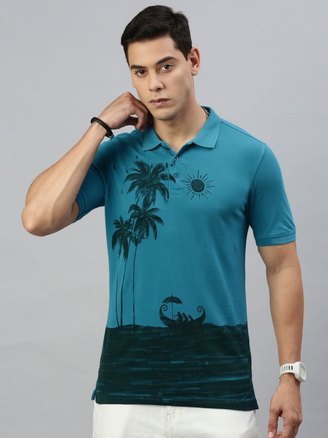 Huetrap Men Tropical Graphic Polo Collar Pure Cotton T-shirt, Navy blue