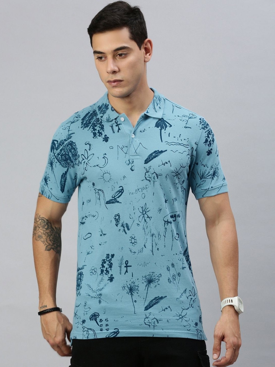 

Huetrap Men Floral Printed Polo Collar Pure Cotton T-shirt, Blue