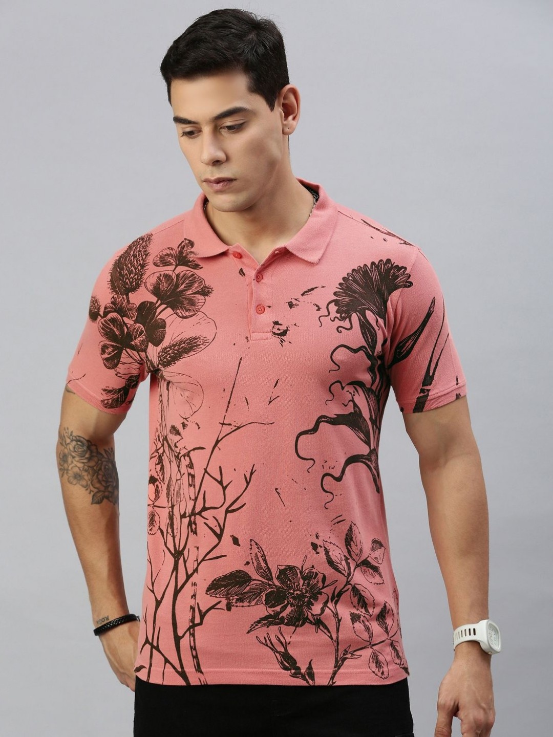 

Huetrap Men Tropical Printed Polo Collar Pure Cotton T-shirt, Coral