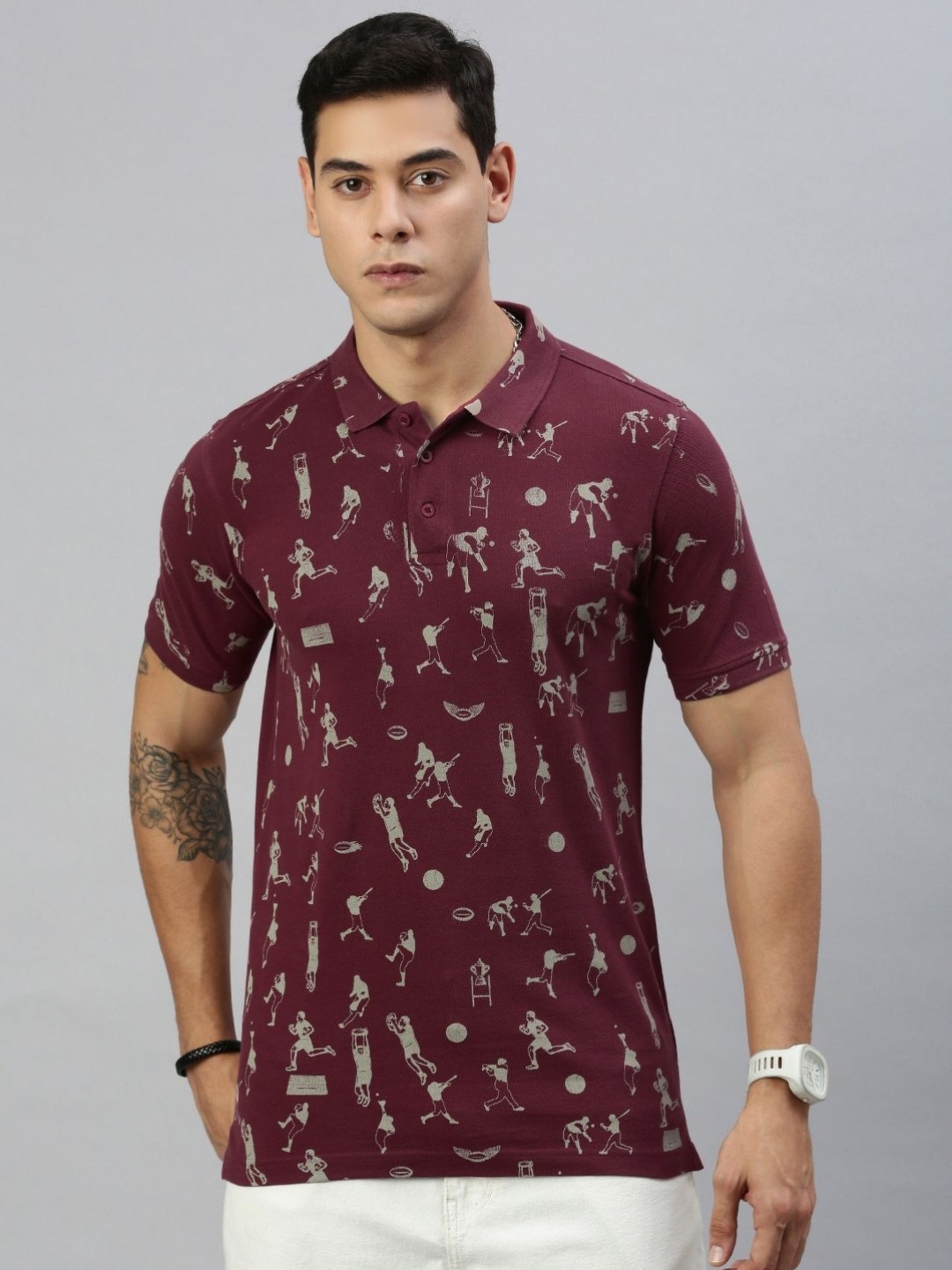 

Huetrap Men Conversational Printed Polo Collar Pure Cotton T-shirt, Maroon