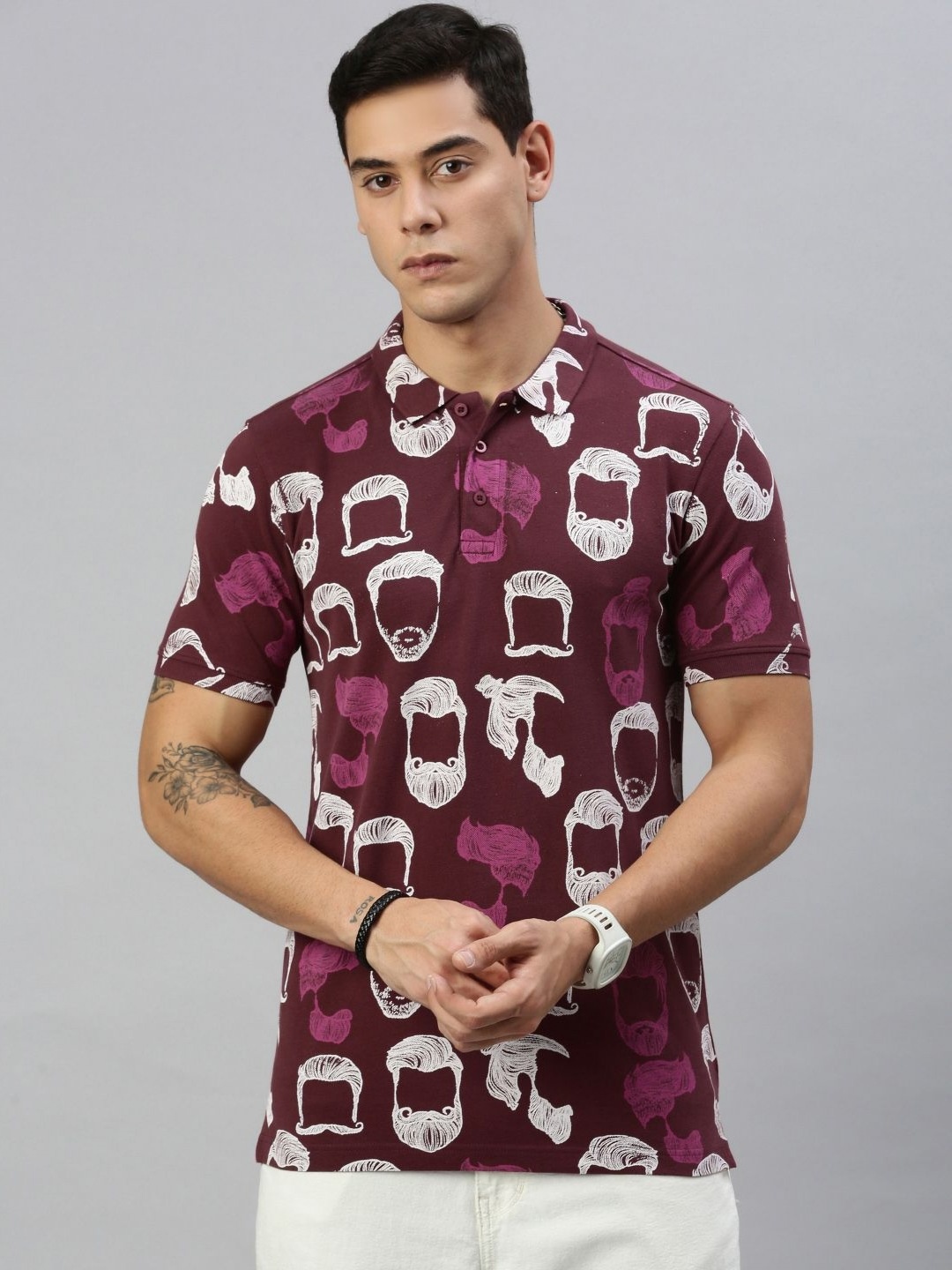 

Huetrap Men Conversational Printed Polo Collar Pure Cotton T-shirt, Purple