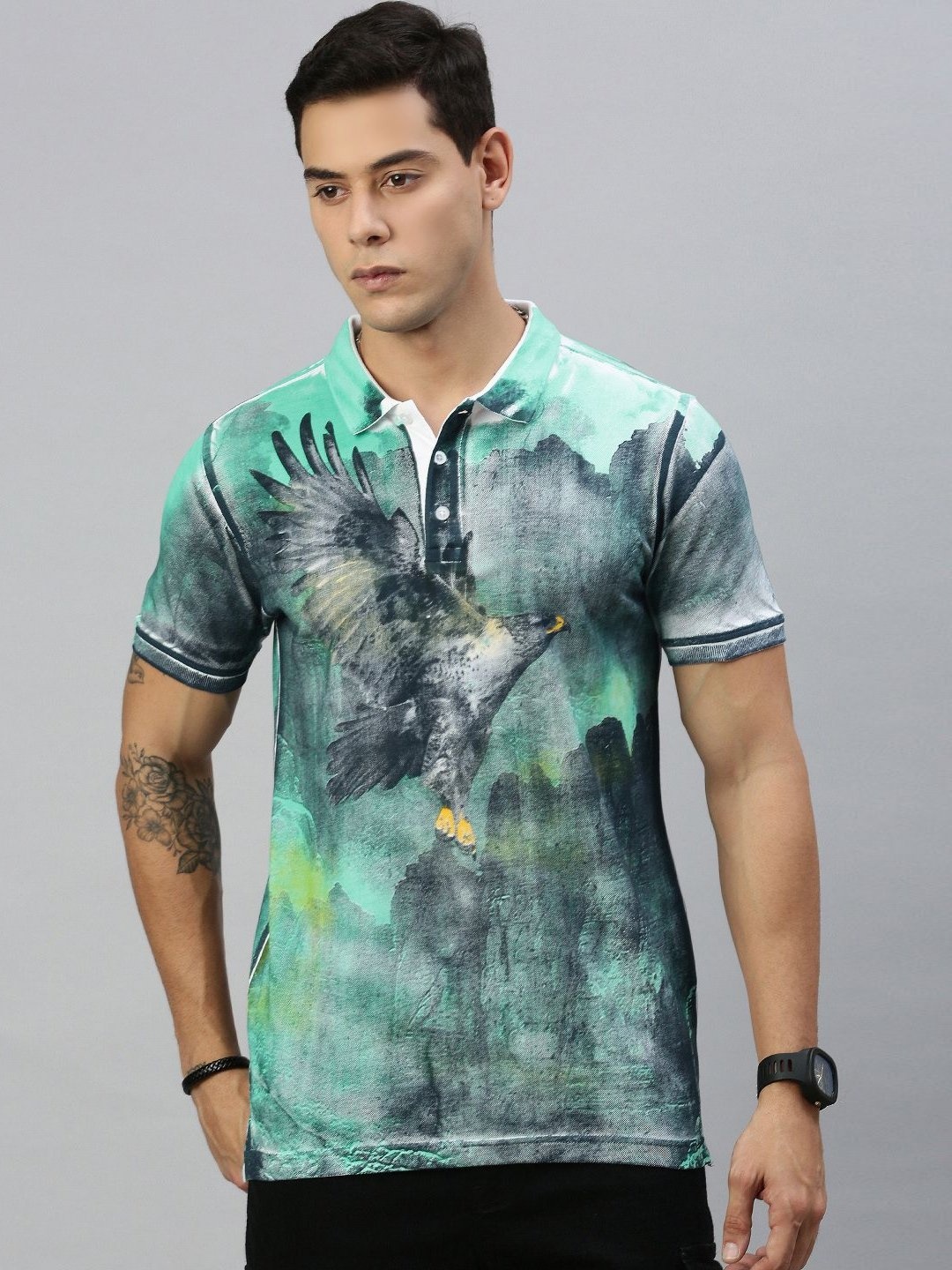 

Huetrap Men Abstract Printed Polo Collar Pure Cotton T-shirt, White