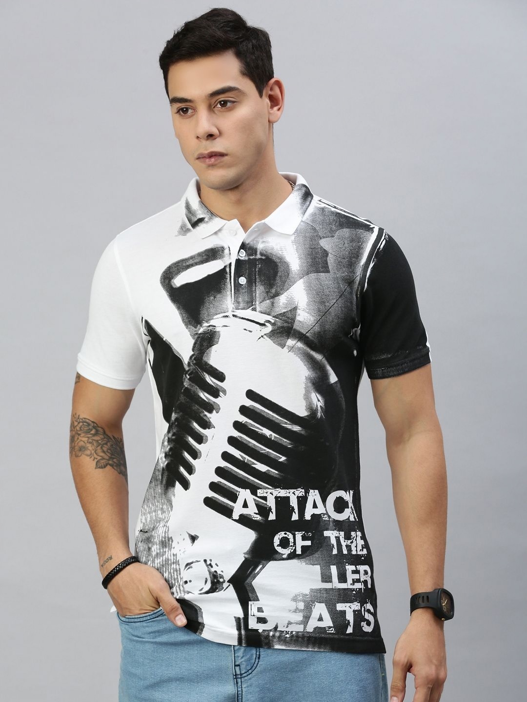 

Huetrap Men Monochrome Printed Polo Collar Pure Cotton T-shirt, White
