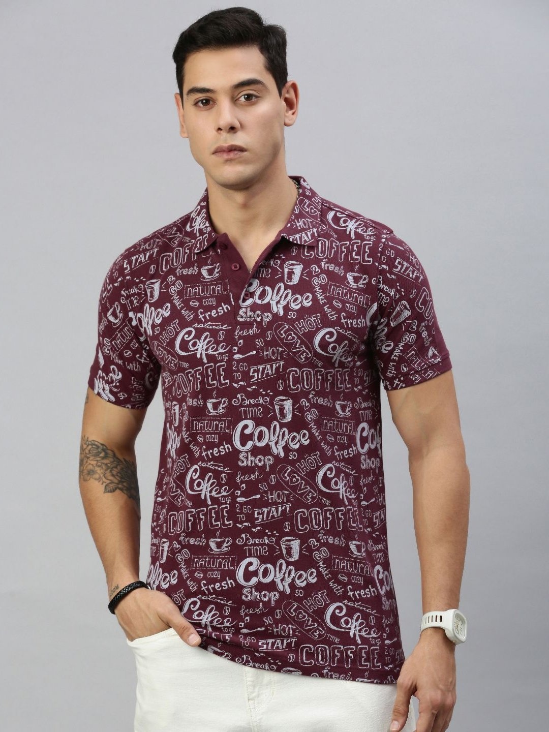 

Huetrap Men Conversational Printed Polo Collar T-shirt, Maroon