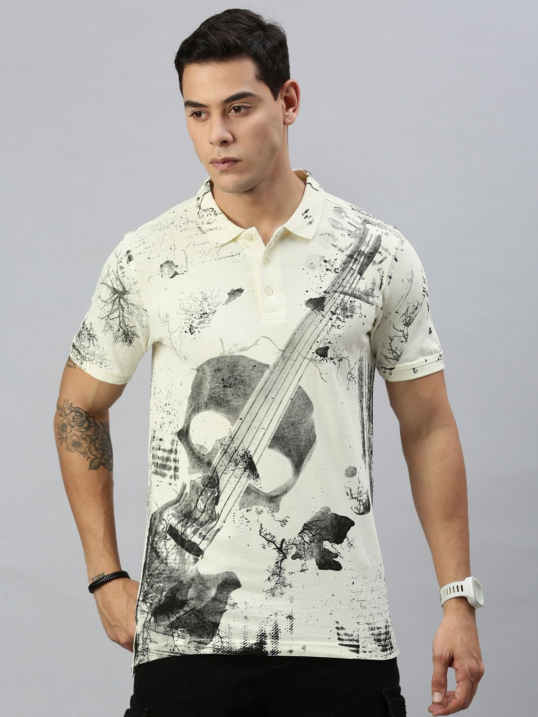 

Huetrap Men Graphic Printed Polo Collar T-shirt, Cream