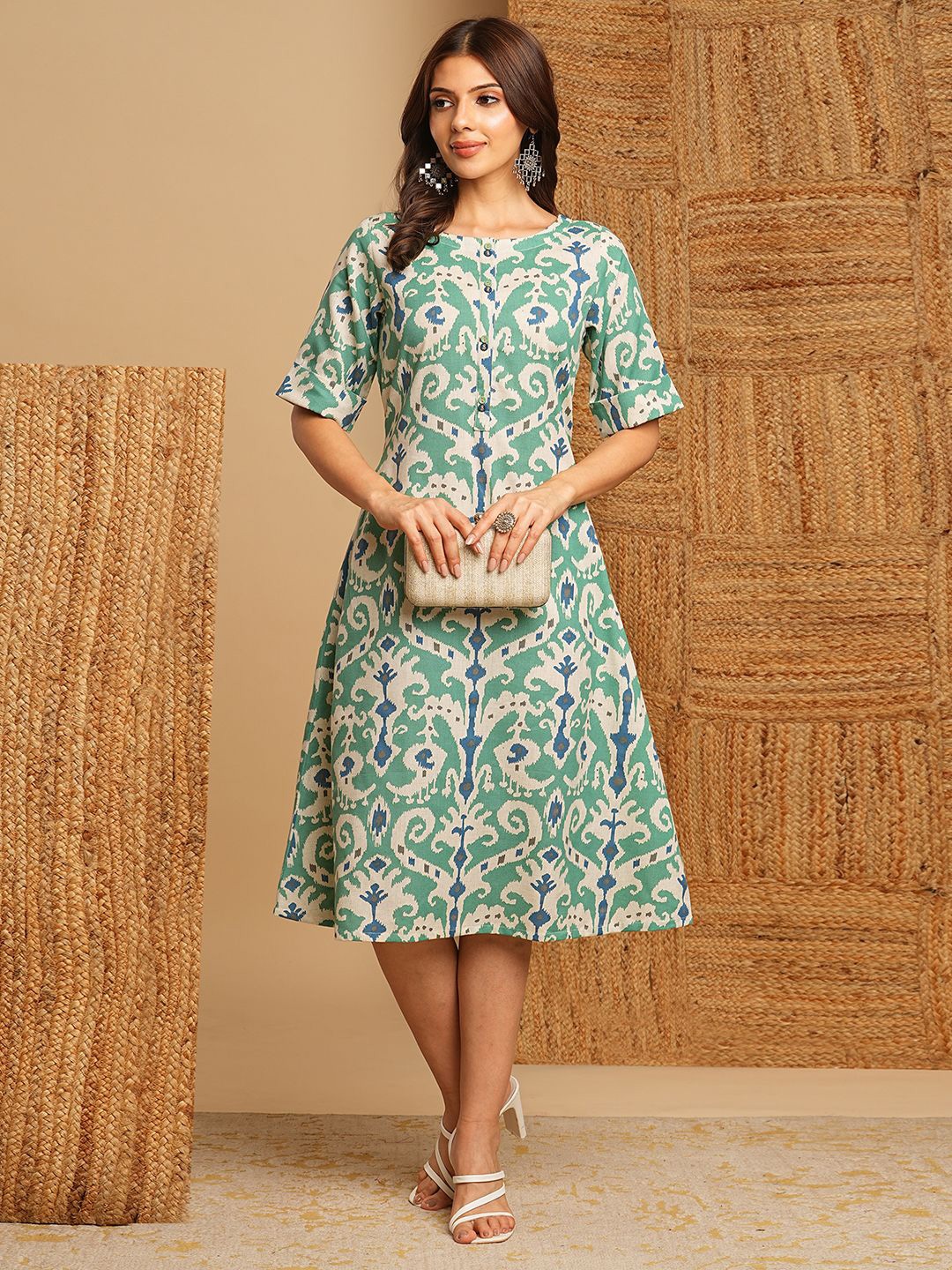 

KAMI KUBI Floral Print A-Line Midi Dress, Green