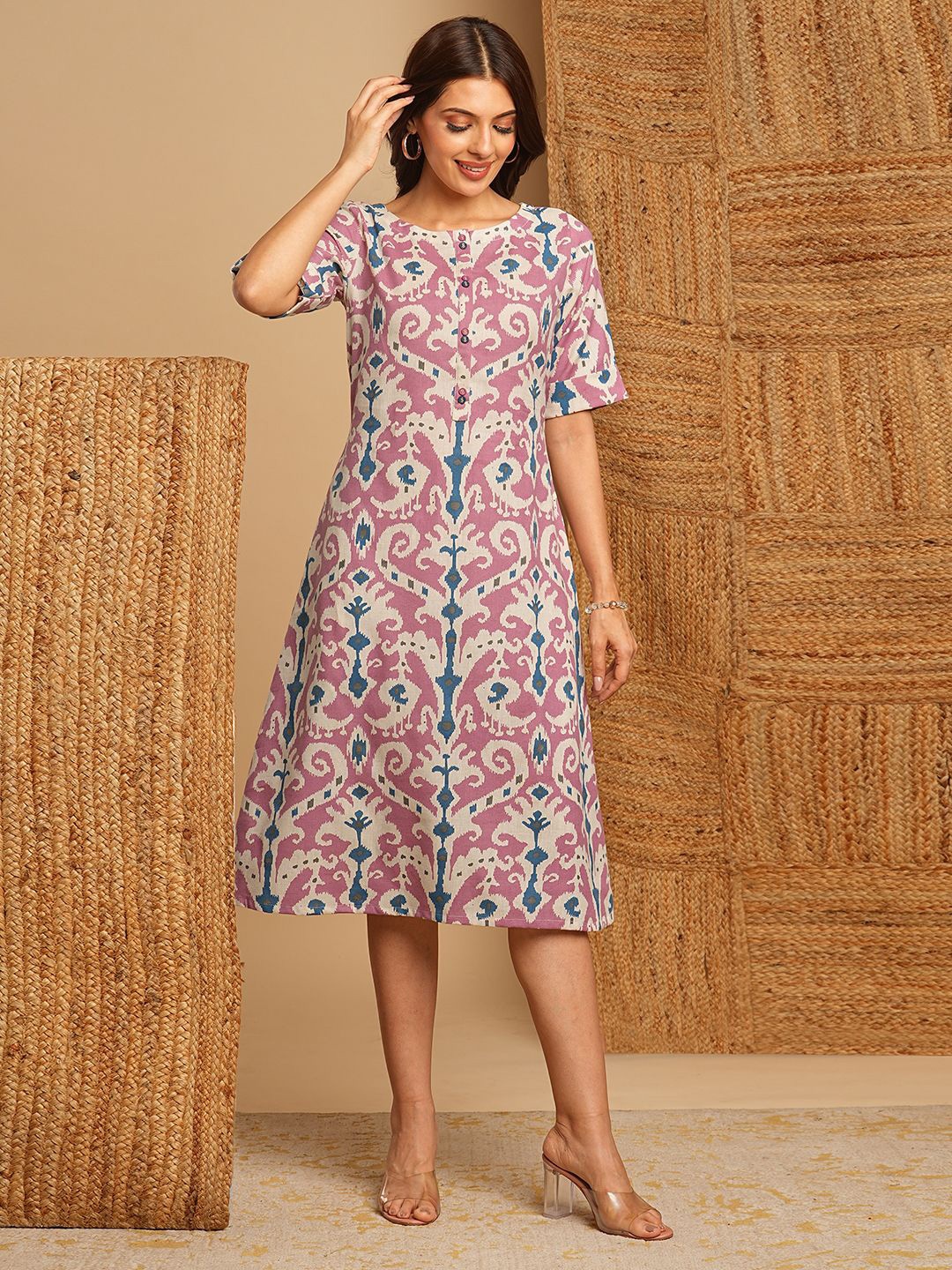 

KAMI KUBI Floral Print Pure Cotton A-Line Dress, Pink