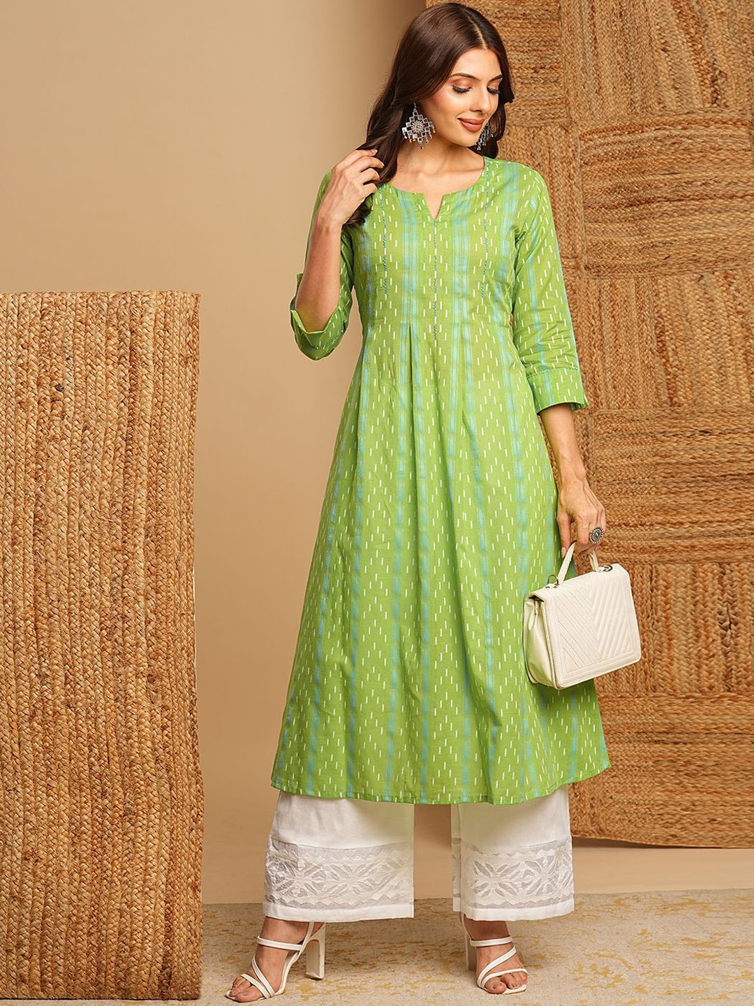 

KAMI KUBI Embroidered Thread Work Cotton Anarkali Kurta, Green