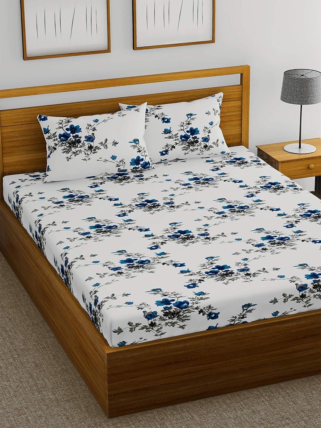 

Huesland White & Blue Floral Cotton 144 TC Double Queen Bedsheet With 2 Pillow Covers