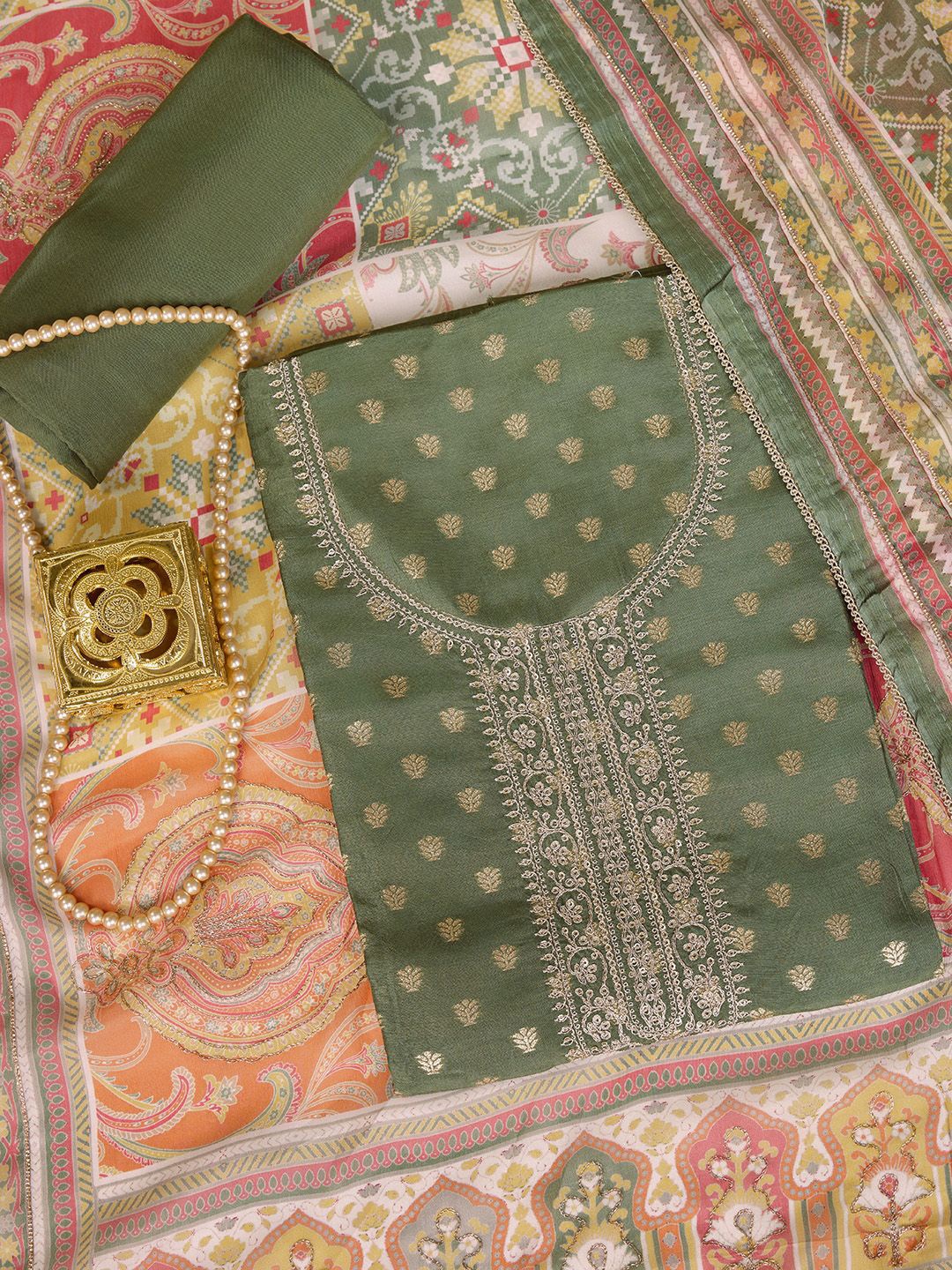 

Inddus Woven Design Zari Pure Silk Unstitched Dress Material, Green