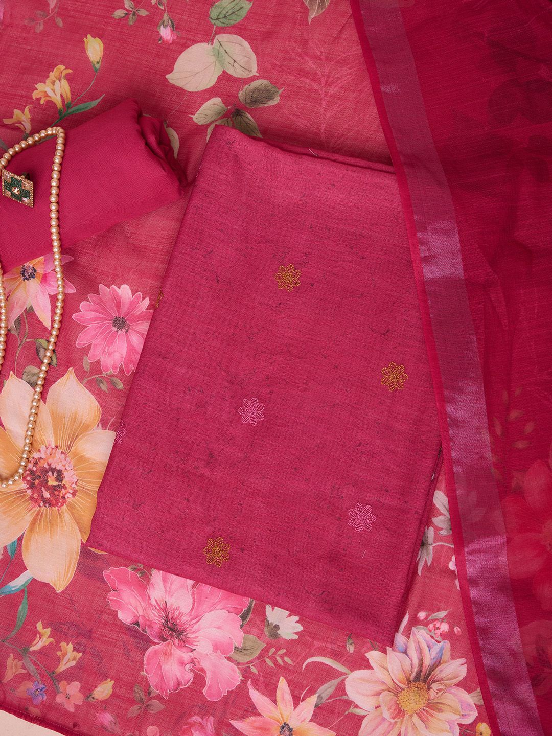 

Inddus Floral Embroidered Linen Unstitched Dress Material, Red