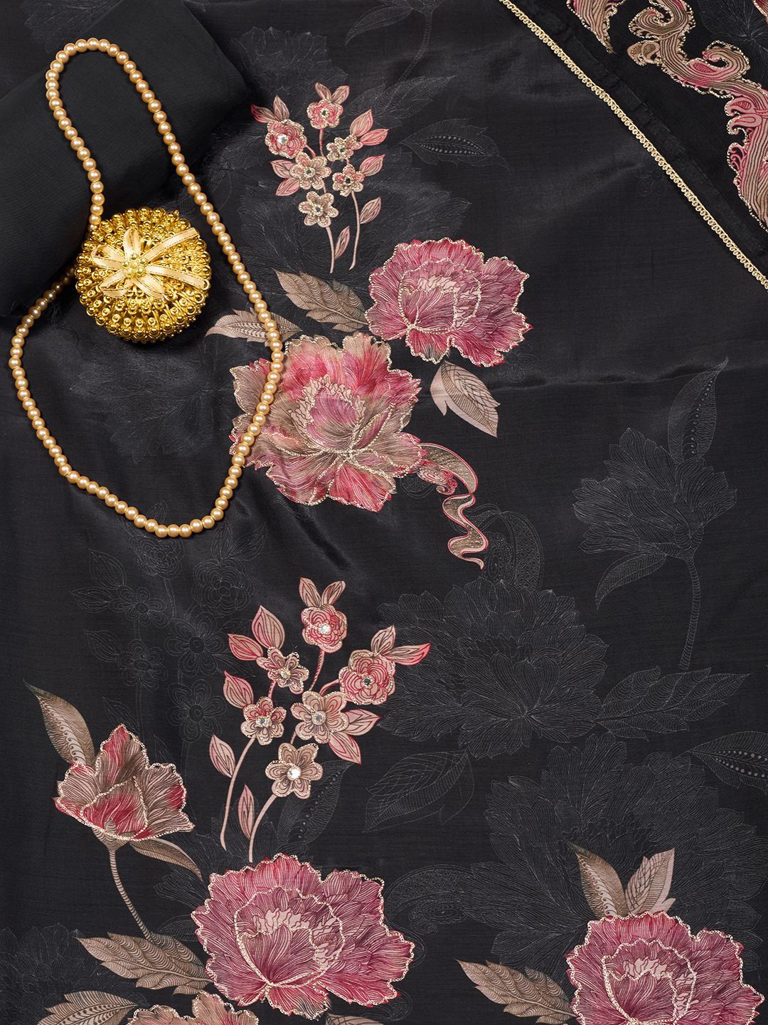 

Inddus Floral Embroidered Zari Pure Silk Unstitched Dress Material, Black