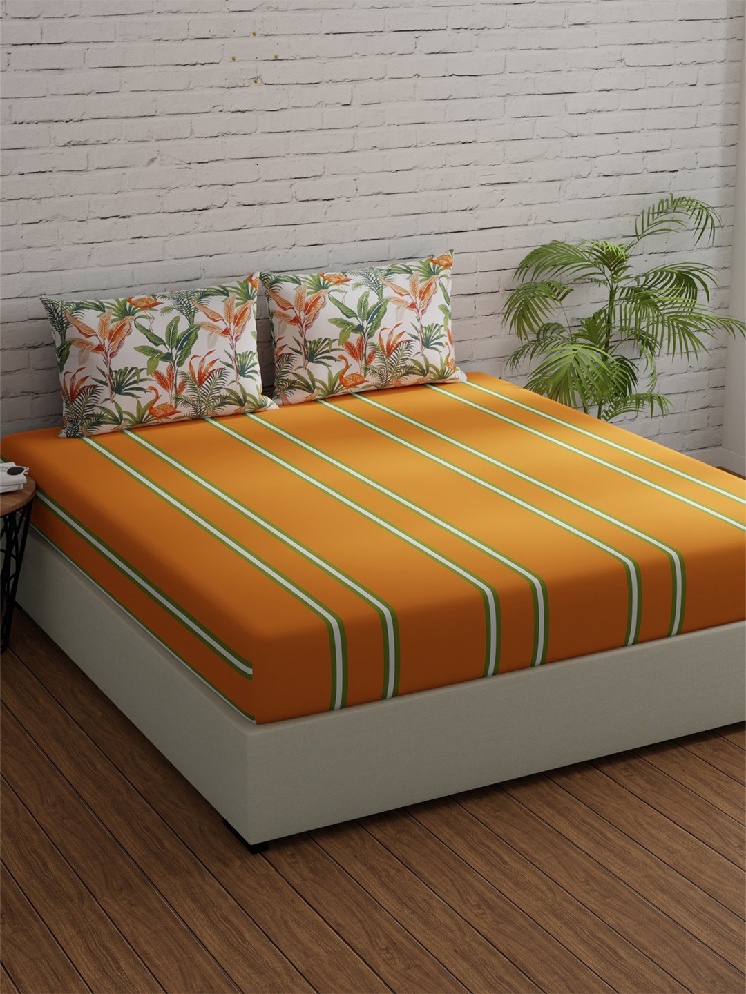 

Huesland Orange & Green Striped 144 TC Fitted Cotton Double Queen Bedsheet
